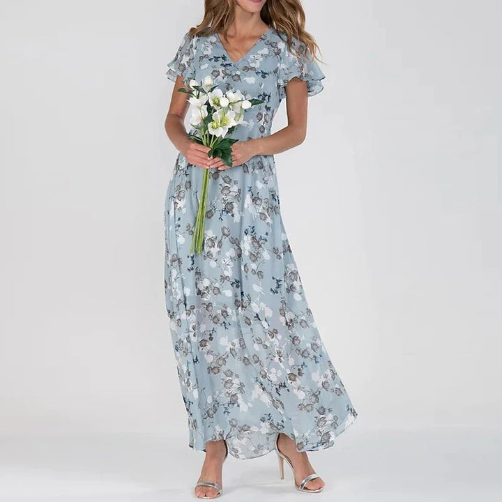 Damen Sommer Maxikleid mit V-Ausschnitt und kurzen Ärmeln