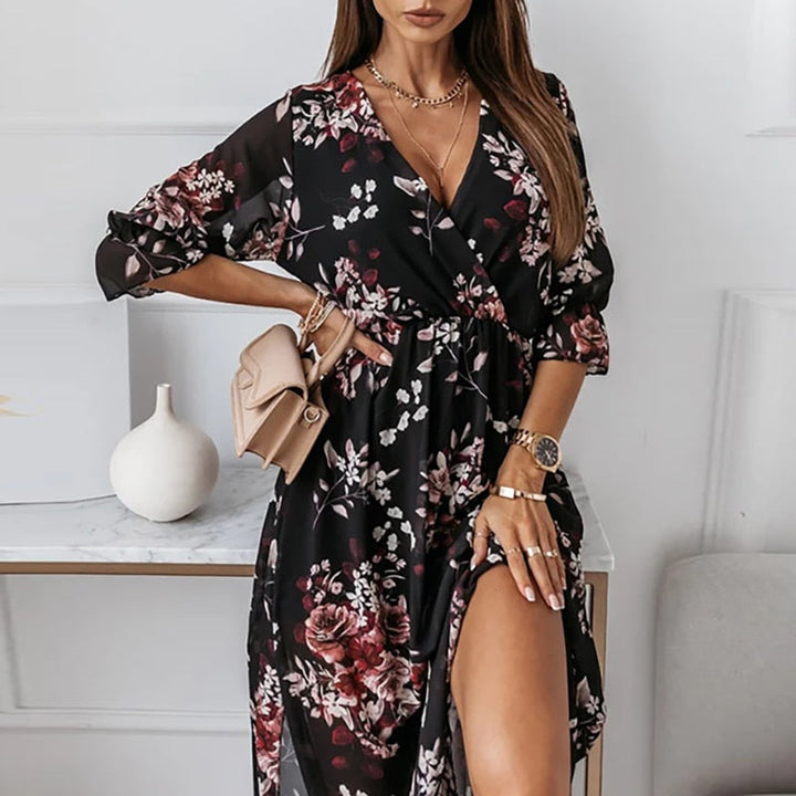 Damen Sommer-Midi-Kleid mit V-Ausschnitt und Seitenschlitz
