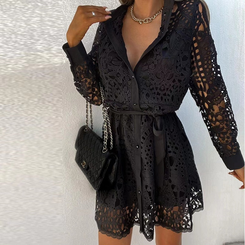 Damen Sommer-Minikleid mit langen Ärmeln und Kragen