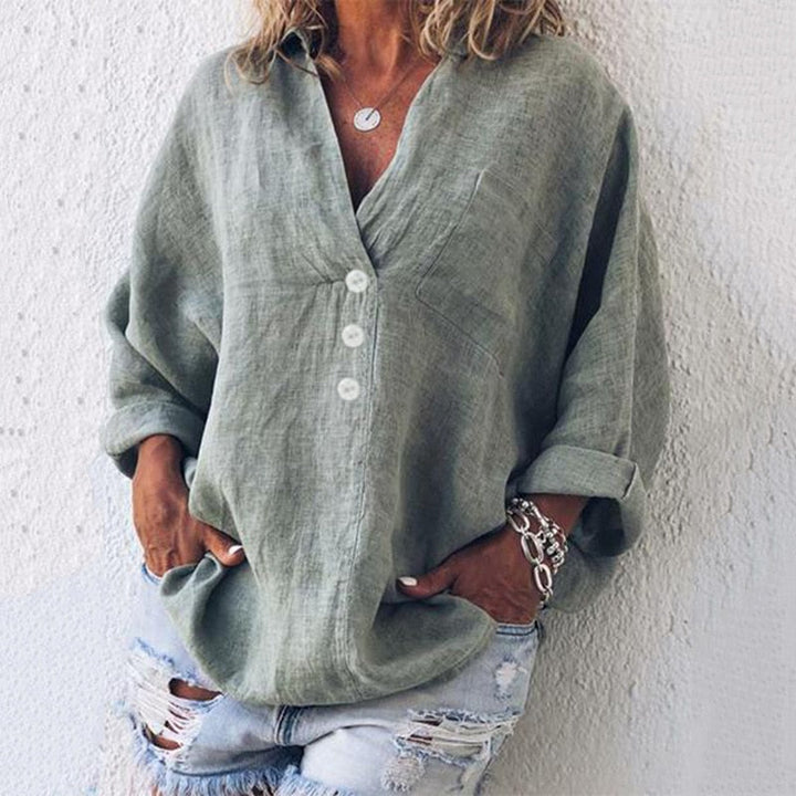 Damen Sommer-Leinenbluse mit V-Ausschnitt und langen Ärmeln