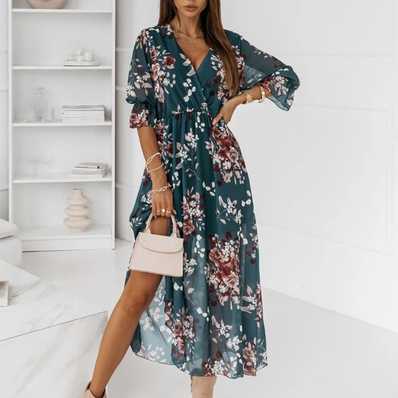 Damen Sommer-Midi-Kleid mit V-Ausschnitt und Seitenschlitz