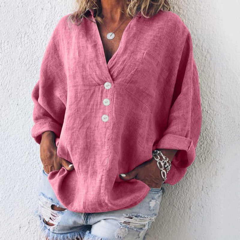 Damen Sommer-Leinenbluse mit V-Ausschnitt und langen Ärmeln