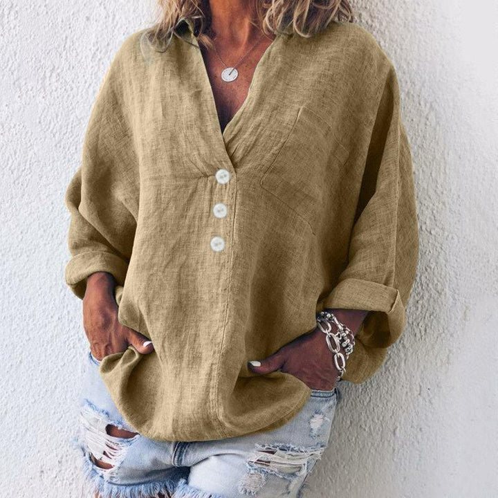 Damen Sommer-Leinenbluse mit V-Ausschnitt und langen Ärmeln