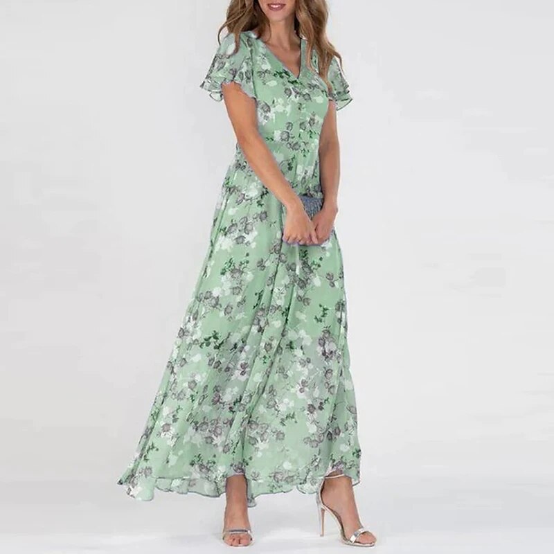 Damen Sommer Maxikleid mit V-Ausschnitt und kurzen Ärmeln