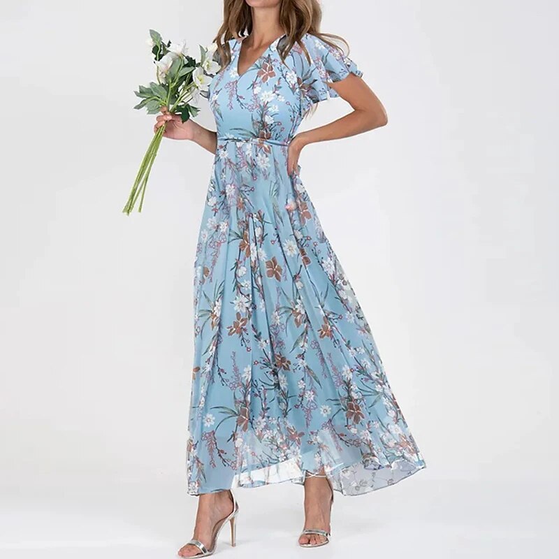 Damen Sommer Maxikleid mit V-Ausschnitt und kurzen Ärmeln