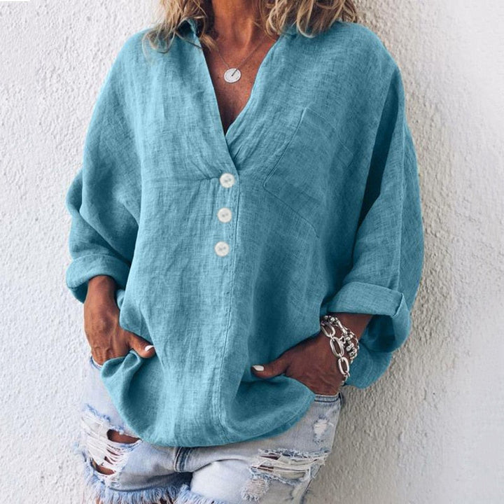Damen Sommer-Leinenbluse mit V-Ausschnitt und langen Ärmeln
