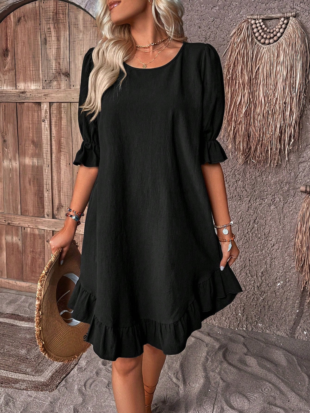 Damen Sommer Minikleid mit Rundhalsausschnitt und kurzen Ärmeln