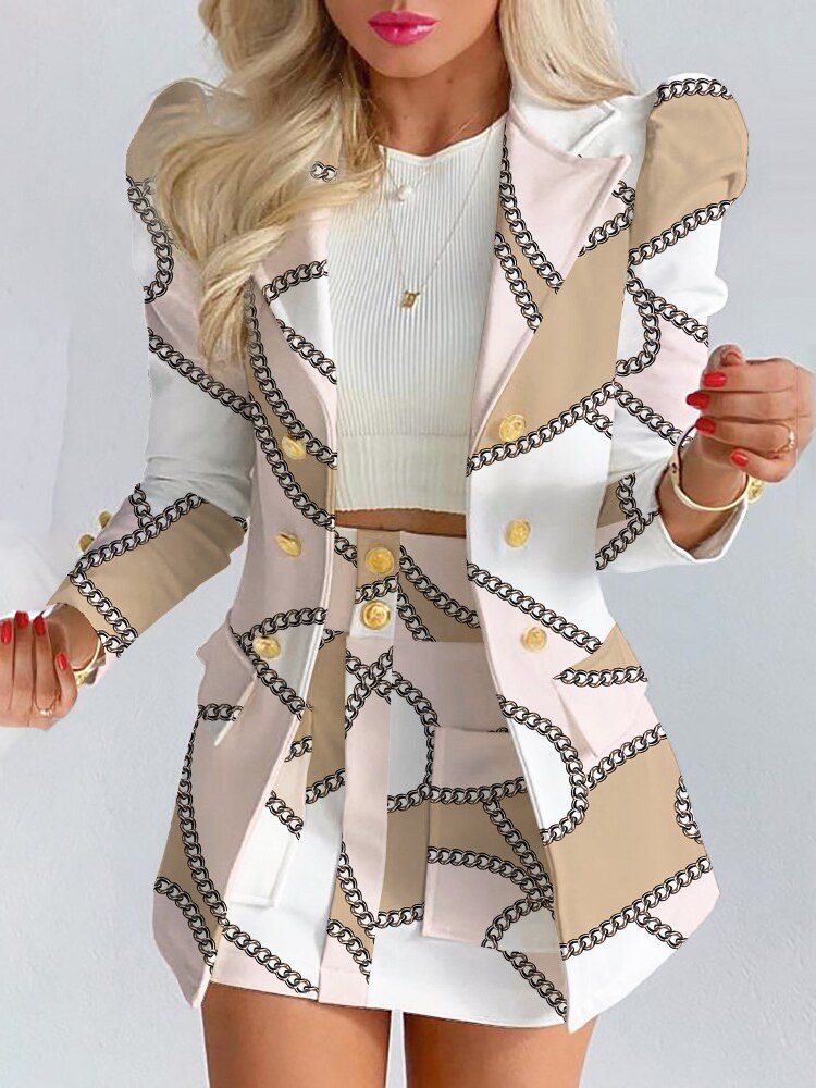 Damen Sommer-Blazer-und-Rock-Set mit goldfarbenen Knöpfen
