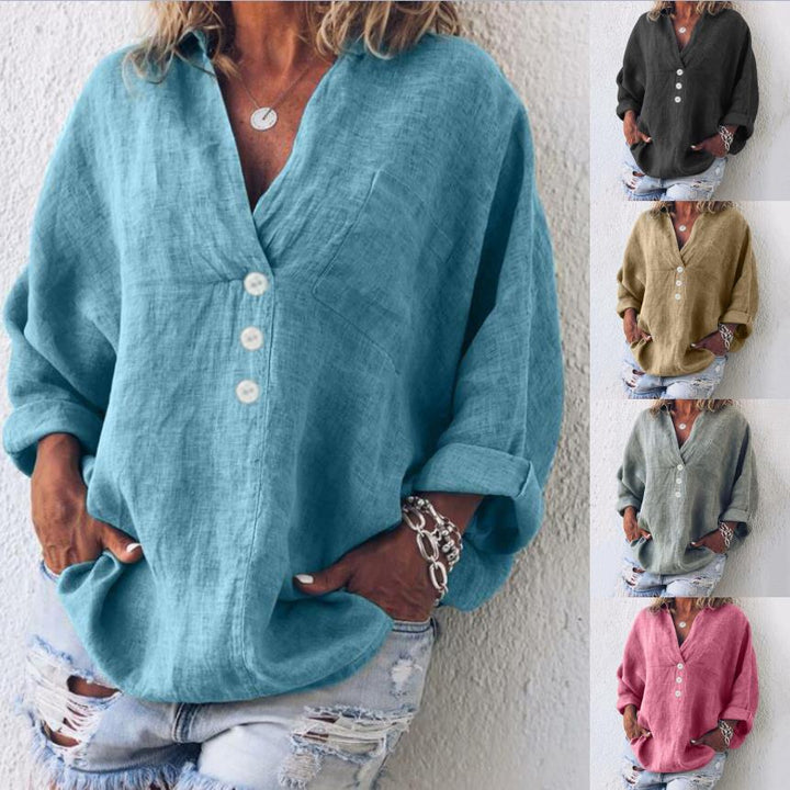 Damen Sommer-Leinenbluse mit V-Ausschnitt und langen Ärmeln