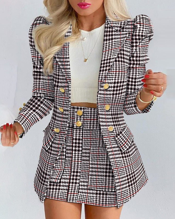 Damen Sommer-Blazer-und-Rock-Set mit goldfarbenen Knöpfen