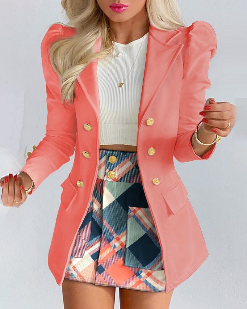 Damen Sommer-Blazer-und-Rock-Set mit goldfarbenen Knöpfen