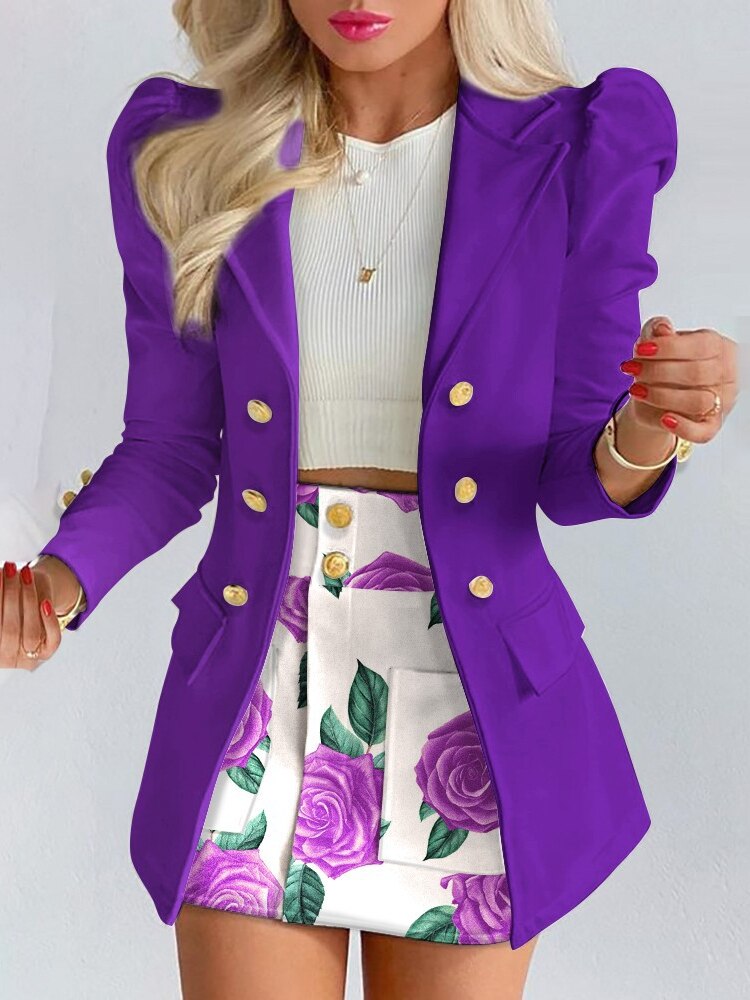 Damen Sommer-Blazer-und-Rock-Set mit goldfarbenen Knöpfen