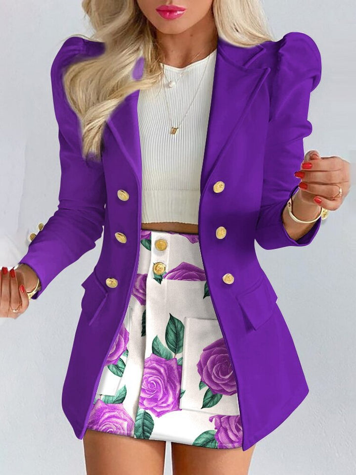 Damen Sommer-Blazer-und-Rock-Set mit goldfarbenen Knöpfen