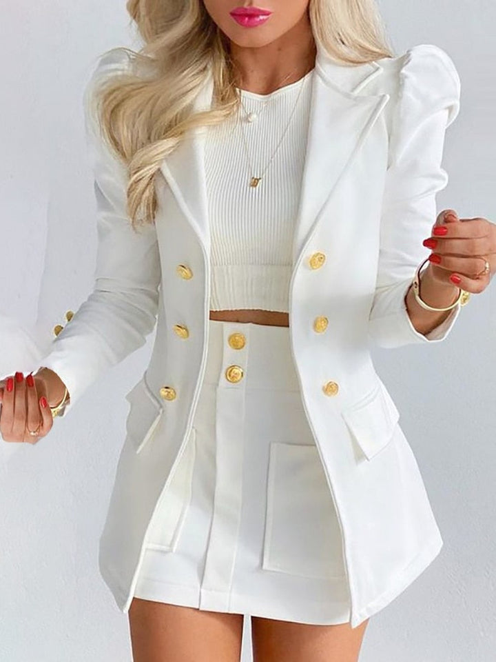 Damen Sommer-Blazer-und-Rock-Set mit goldfarbenen Knöpfen