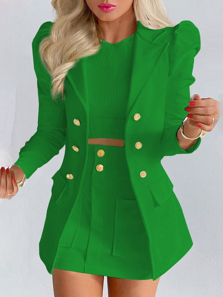 Damen Sommer-Blazer-und-Rock-Set mit goldfarbenen Knöpfen