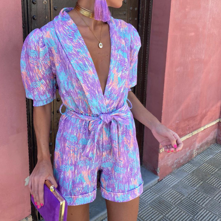 Damen Sommer-Jumpsuit mit V-Ausschnitt und kurzen Ärmeln
