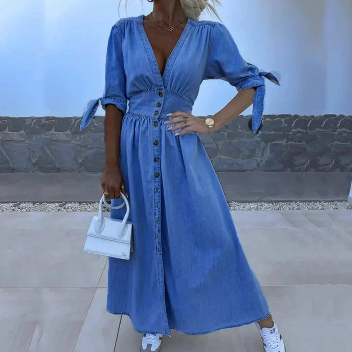 Damen-Maxikleid aus Denim mit V-Ausschnitt für den Sommer