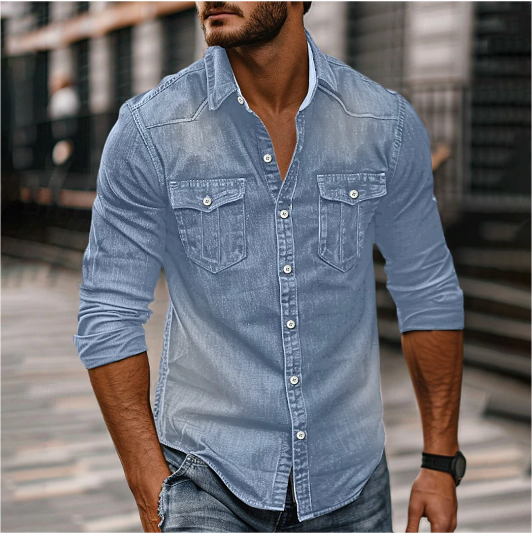 Langärmliges Herrenhemd aus Denim mit Brusttaschen und Knopfleiste