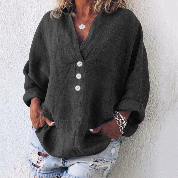 Damen Sommer-Leinenbluse mit V-Ausschnitt und langen Ärmeln