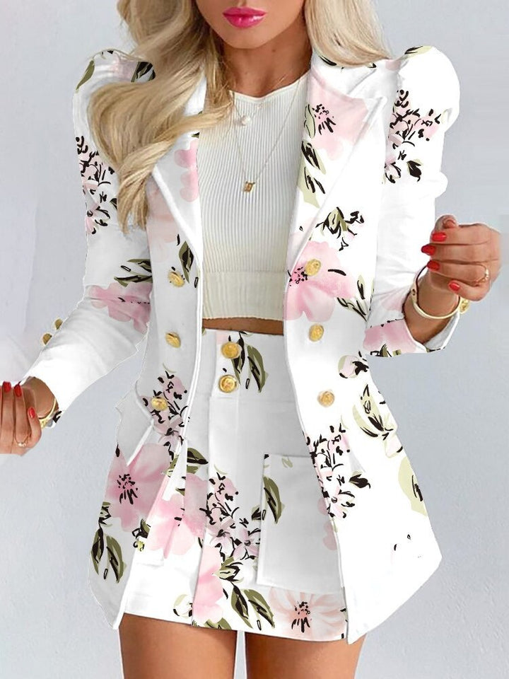Damen Sommer-Blazer-und-Rock-Set mit goldfarbenen Knöpfen