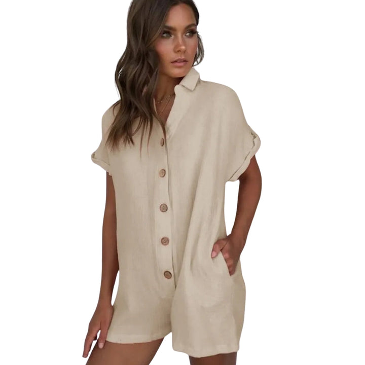 Damen Sommer Jumpsuit mit Kurzarm und Knopfverschluss