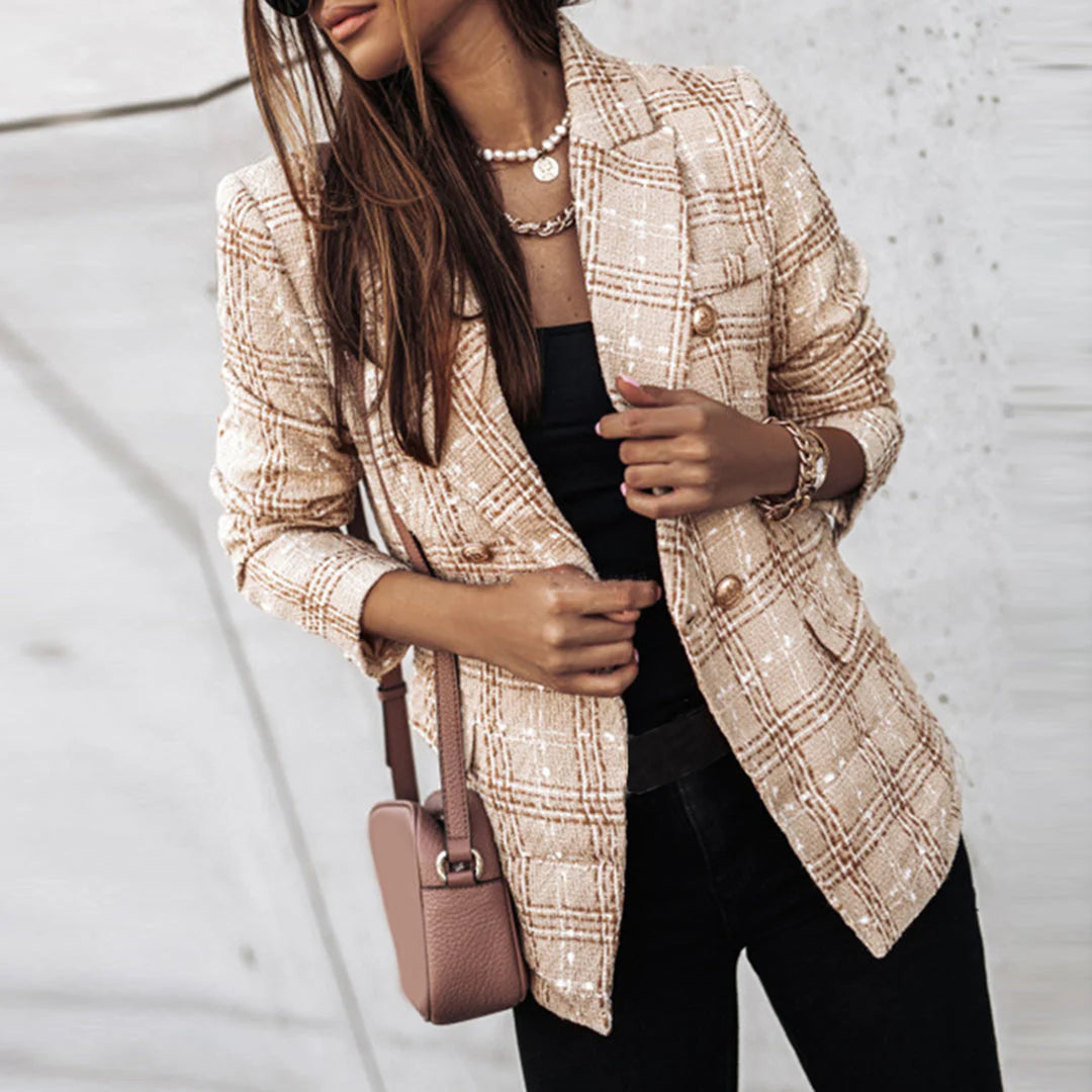 Eleganter Damenblazer mit Muster und goldenen Knöpfen