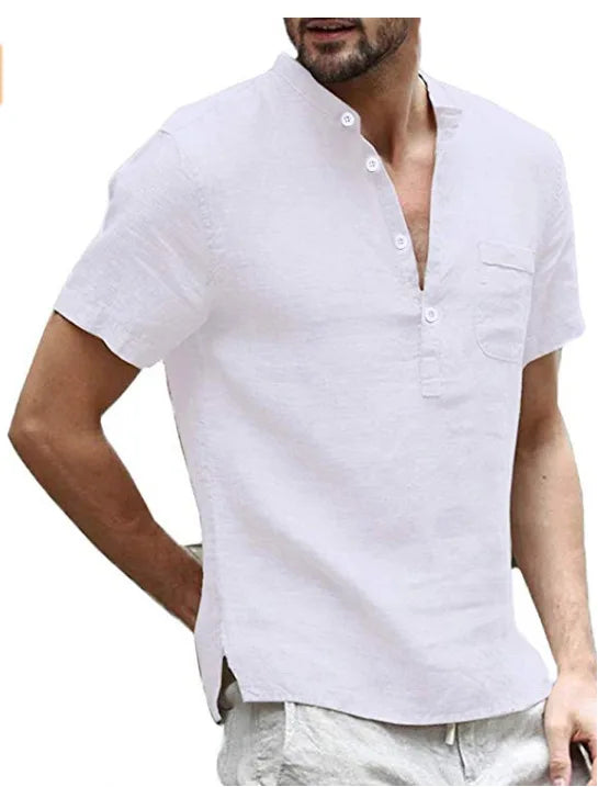 Herren Leinen V-Ausschnitt Shirt mit kurzen Ärmeln und Knopfleiste