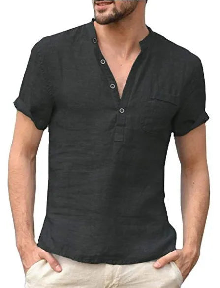 Herren Leinen V-Ausschnitt Shirt mit kurzen Ärmeln und Knopfleiste