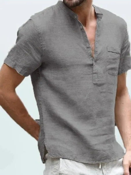Herren Leinen V-Ausschnitt Shirt mit kurzen Ärmeln und Knopfleiste