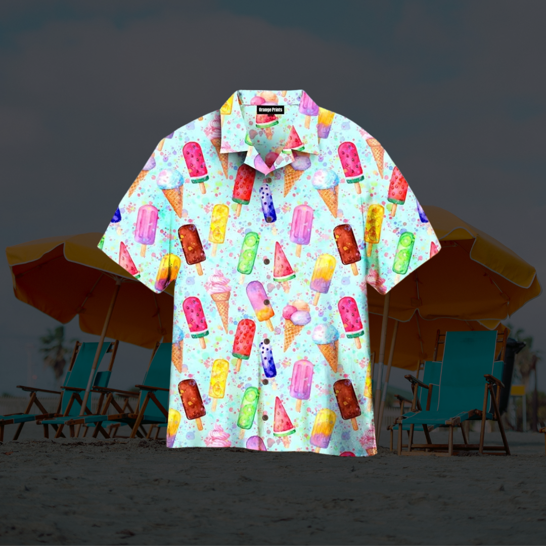 Herren Sommerhemd mit Eiscreme-Muster und kurzen Ärmeln