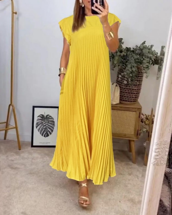 Damen Sommer Maxikleid mit kurzen Ärmeln und Rundhalsausschnitt