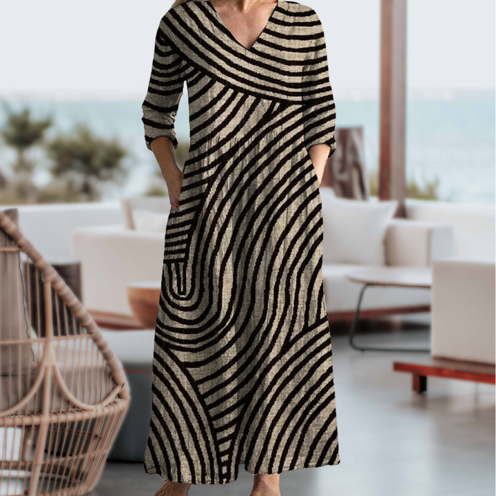 Damen Sommer-Maxikleid mit V-Ausschnitt und gestreiftem Muster