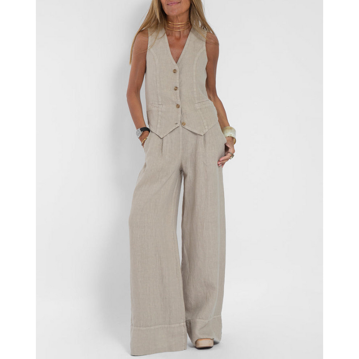 Damen-Sommer-Set mit Knopfvorderseite und Passender Hose