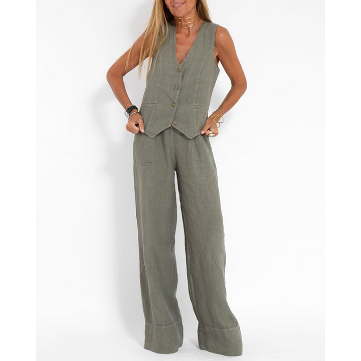 Damen-Sommer-Set mit Knopfvorderseite und Passender Hose
