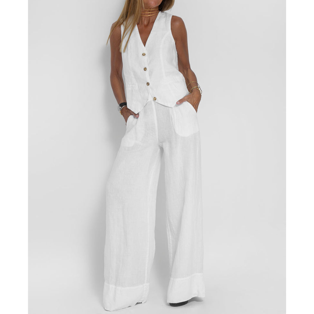 Damen-Sommer-Set mit Knopfvorderseite und Passender Hose