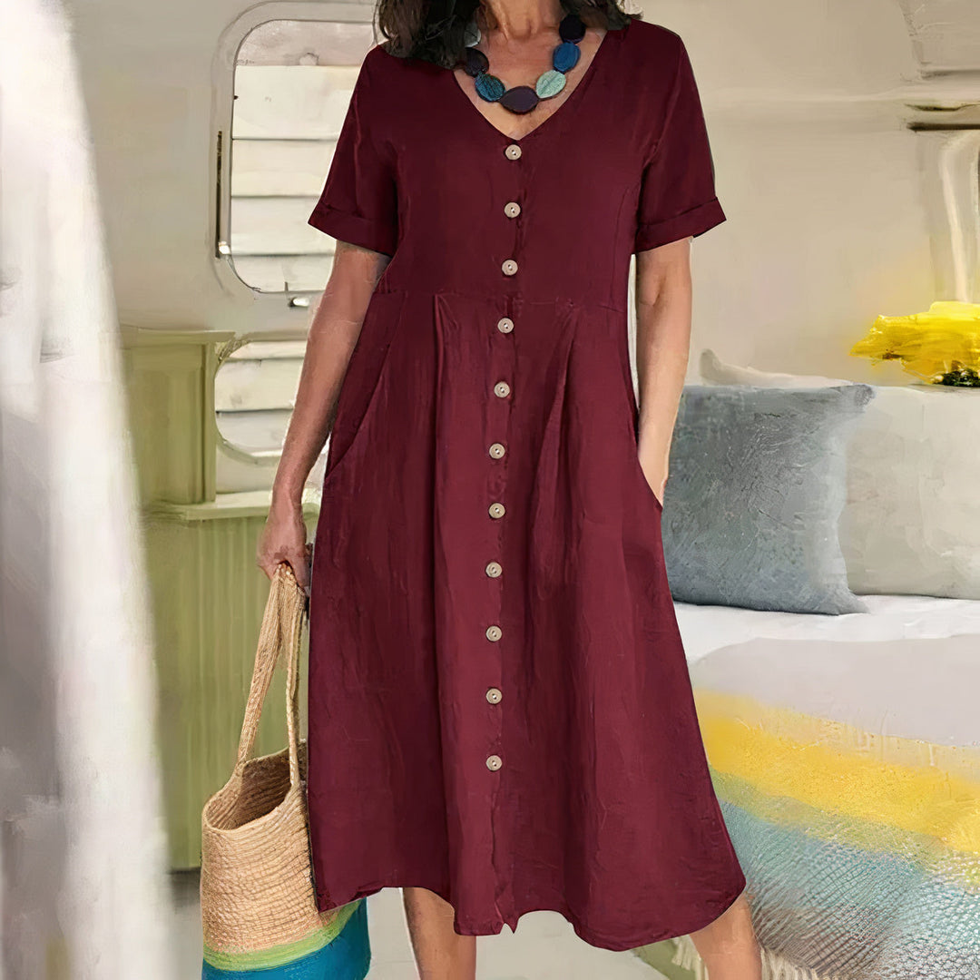 Damen Sommer Leinen Midi Kleid mit V-Ausschnitt und Taschen