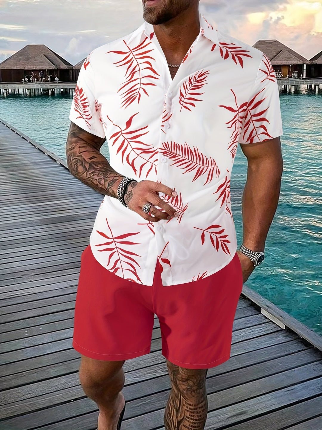 Herren Sommer-Shorts-Set mit tropischem Hemd und Taschen