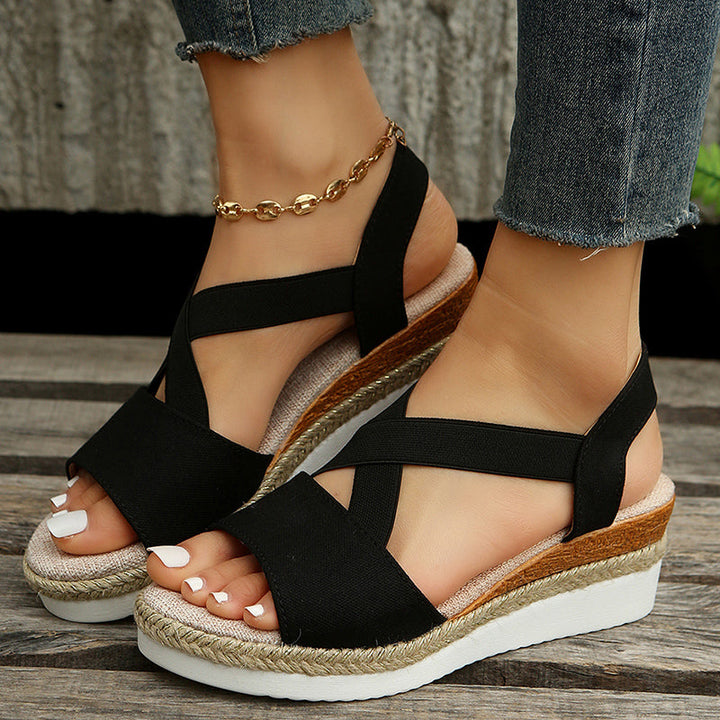 Damen Sommer-Wedgesandalen mit Plateausohle und Kreuzriemen