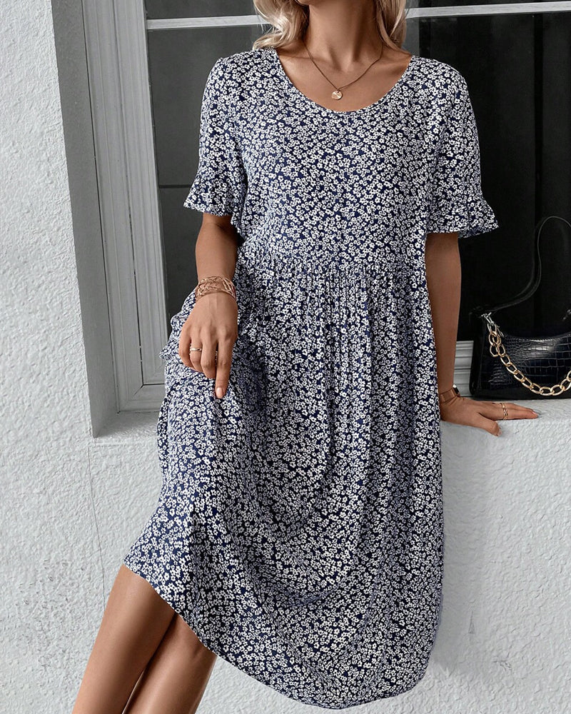 Damen Sommer Midikleid mit Blumenmuster und kurzen Ärmeln