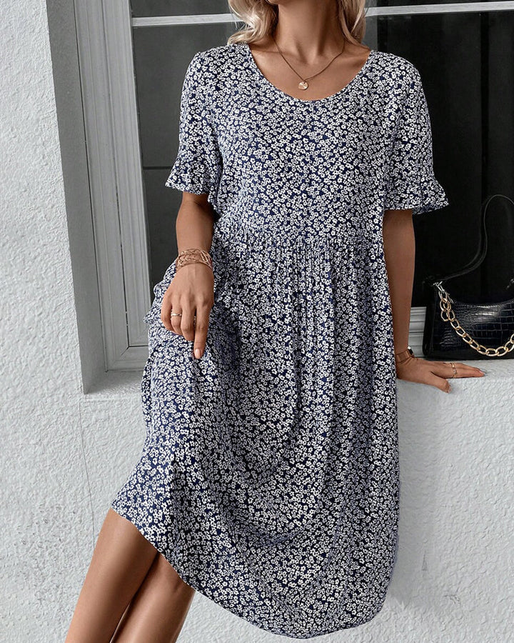 Damen Sommer Midikleid mit Blumenmuster und kurzen Ärmeln