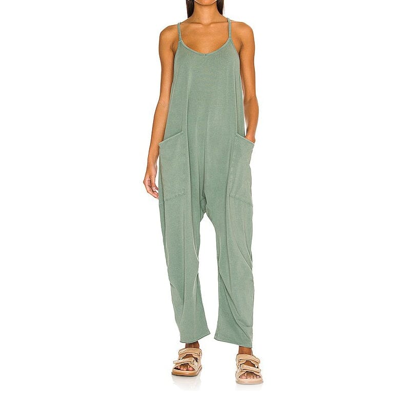 Damen Sommer-Jumpsuit mit Rundhalsausschnitt und Taschen