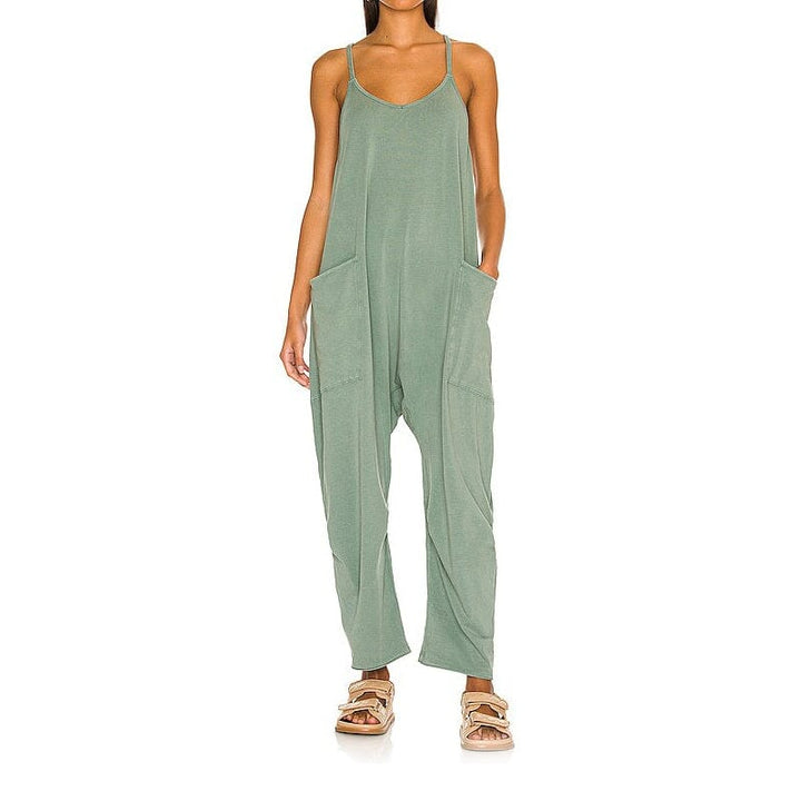 Damen Sommer-Jumpsuit mit Rundhalsausschnitt und Taschen