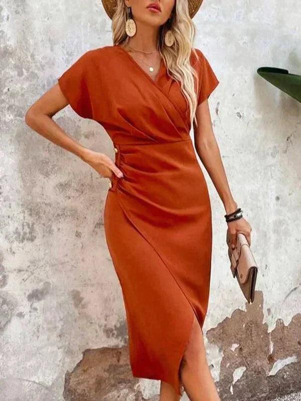 Damen Sommer-Midikleid mit V-Ausschnitt und kurzen Ärmeln