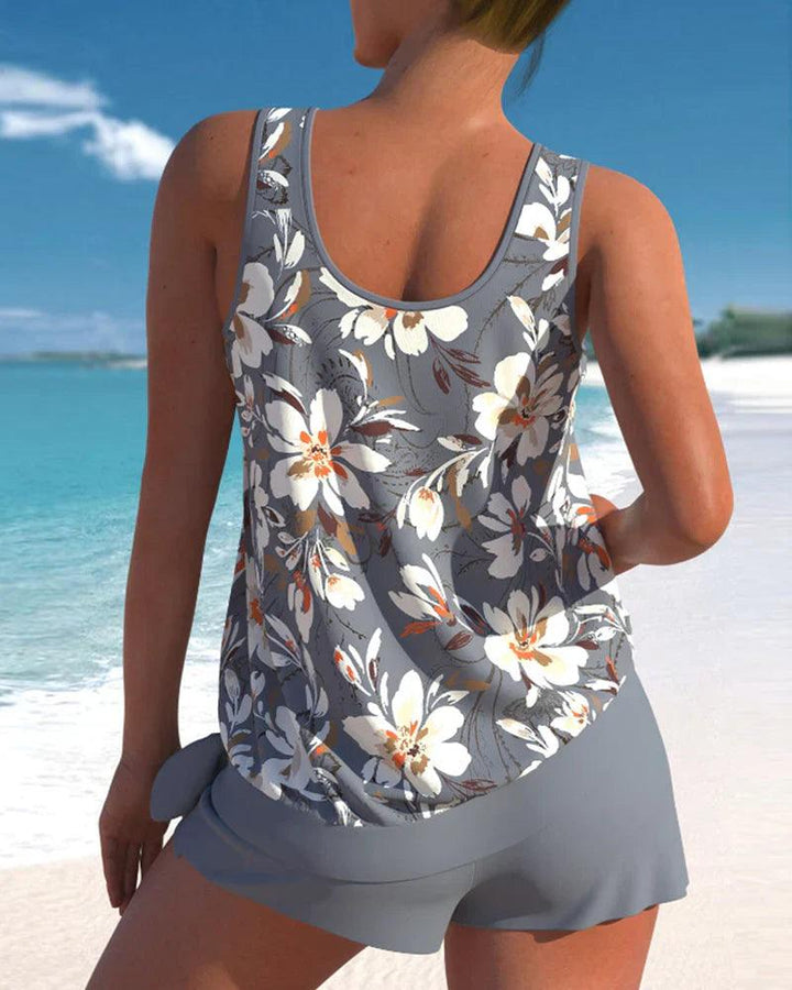 Damen ärmelloses Tankini-Set mit Blumenmuster-Oberteil