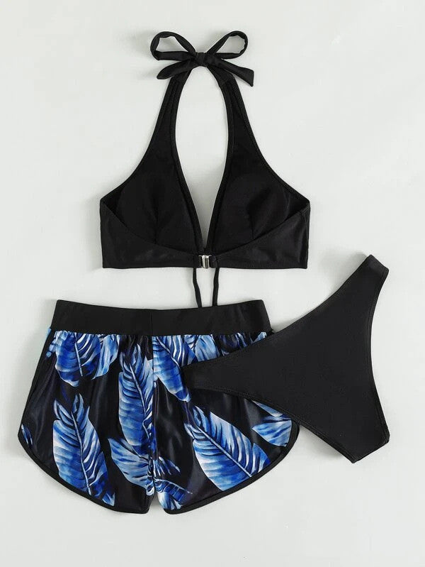 Damen Drei-Teile Bikini-Set mit V-Ausschnitt Halter-Top