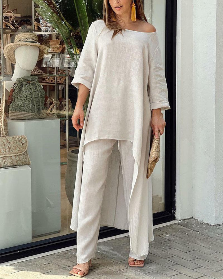 Damen Sommer Set mit langen Ärmeln und Scoop-Ausschnitt