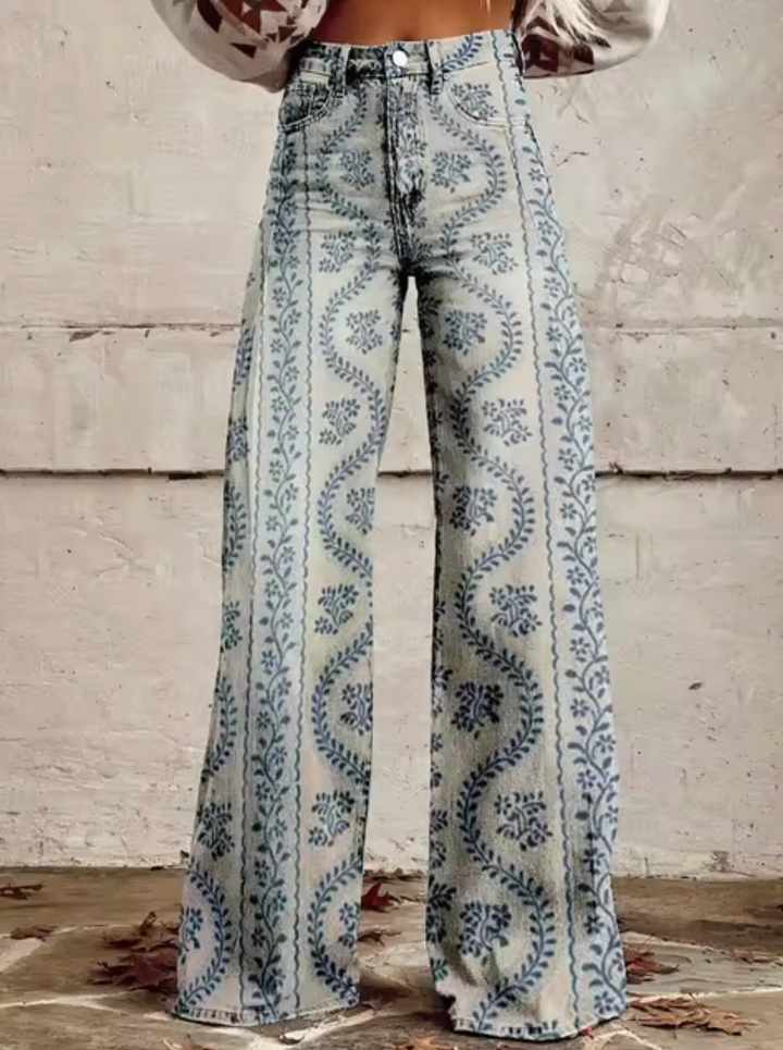Damen Jeanshose mit hohem Bund und Grafikprint