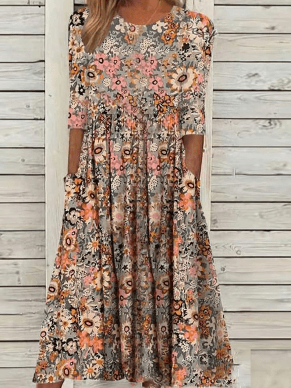 Damen Sommer Midi-Kleid mit Blumenmuster und Drei-Viertel-Ärmeln
