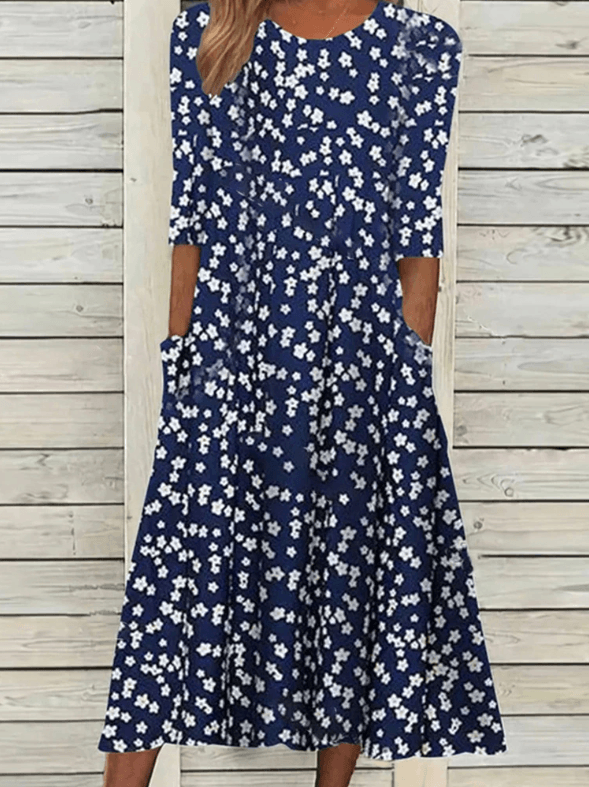 Damen Sommer Midi-Kleid mit Blumenmuster und Drei-Viertel-Ärmeln