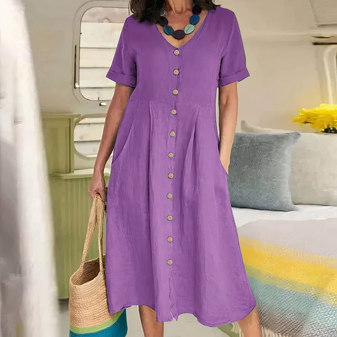 Damen Sommer Leinen Midi Kleid mit V-Ausschnitt und Taschen